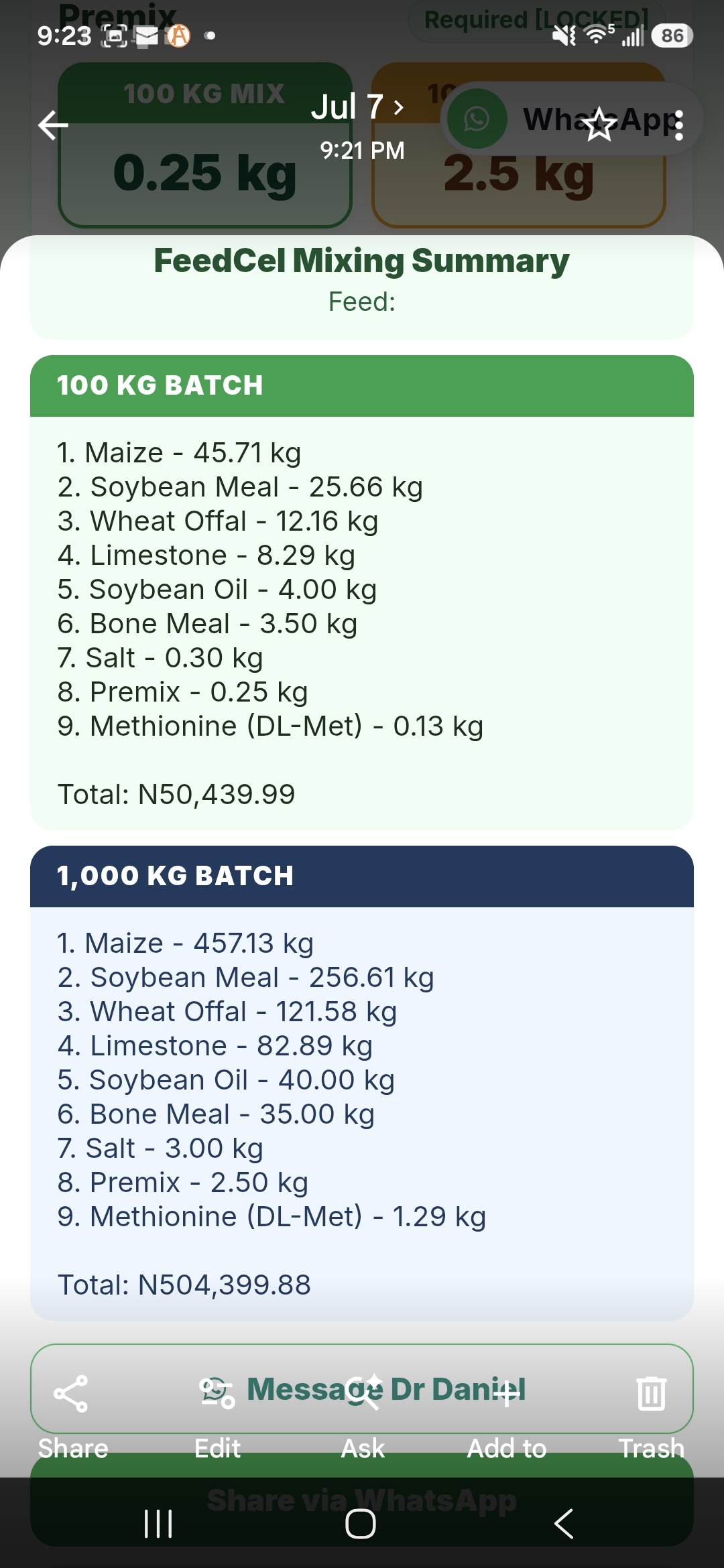 FeedCel formula result showing ingredient quantities for 100 kg and 1,000 kg batches