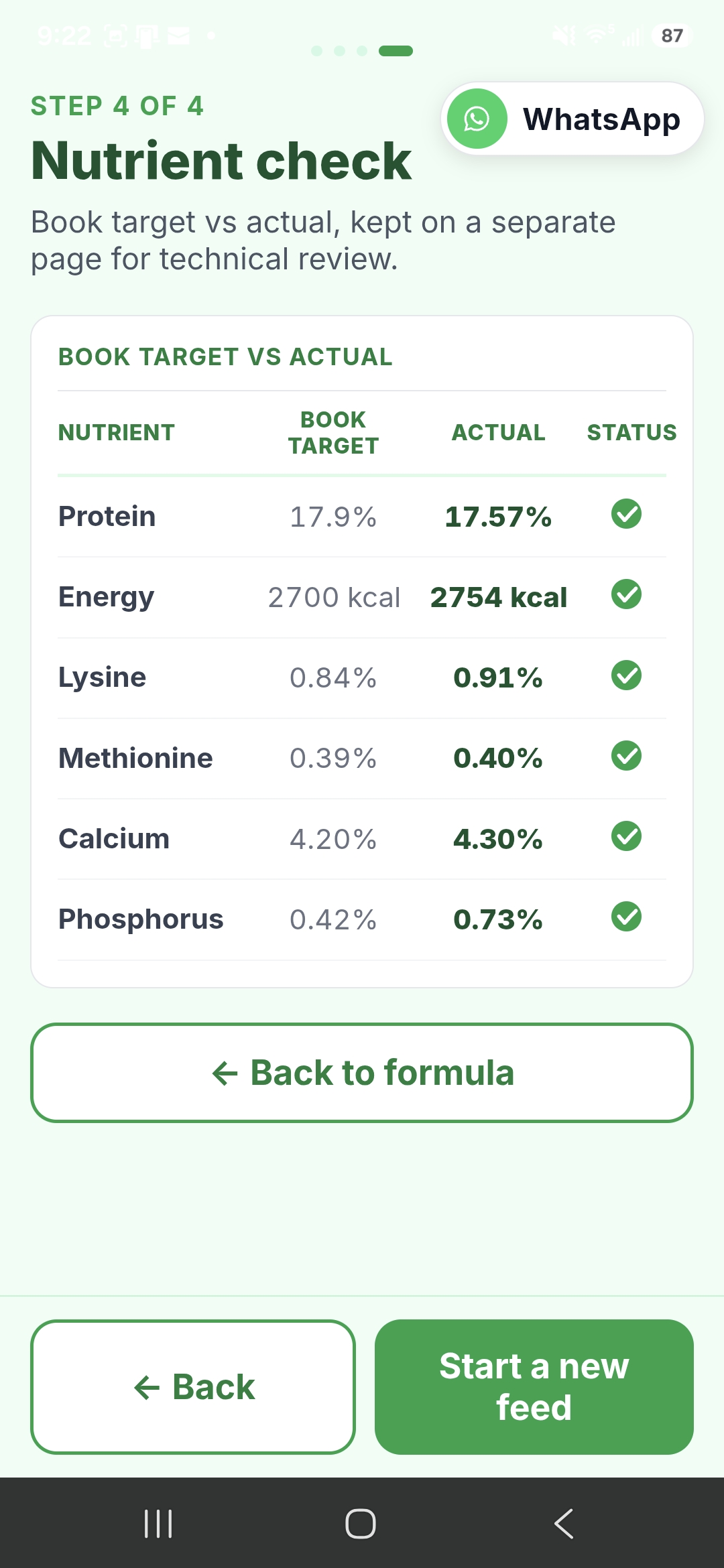 FeedCel nutrient check showing protein and energy analysis
